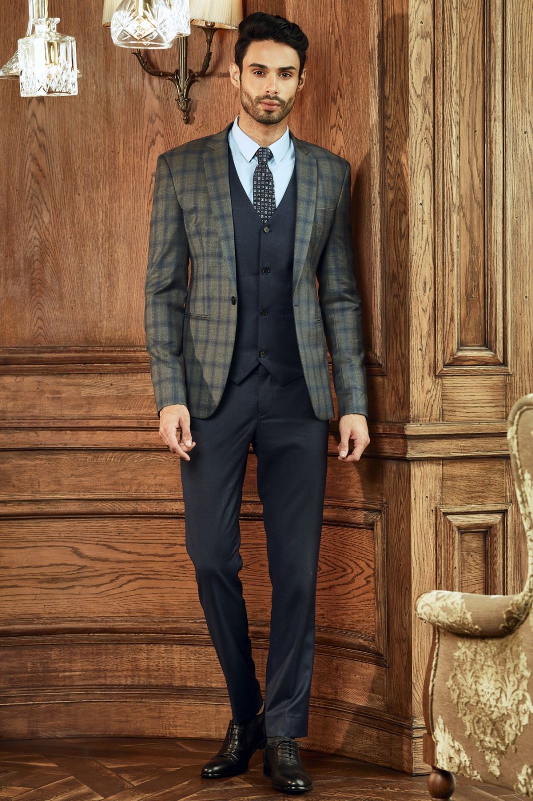 Dark Navy Plaid On Army Green Blazer 